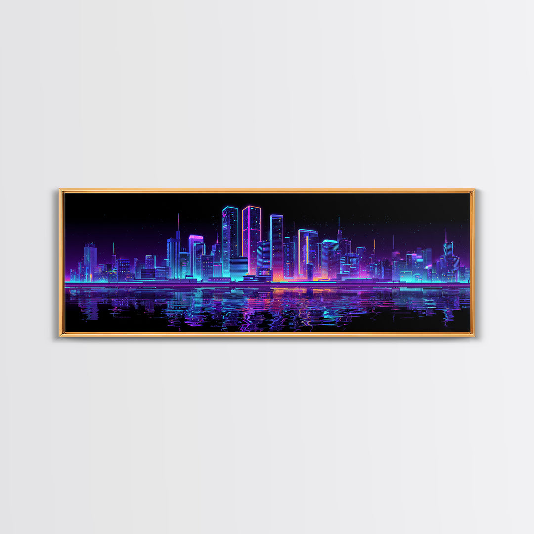 Neon Cyberpunk City Skyline Wall Art, Futuristic Synthwave Canvas Print, Urban Night Office Decor, Gamer Room Home Decor Poster