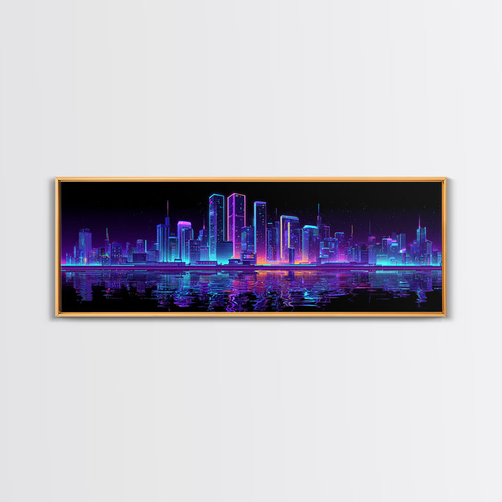 Neon Cyberpunk City Skyline Wall Art, Futuristic Synthwave Canvas Print, Urban Night Office Decor, Gamer Room Home Decor Poster