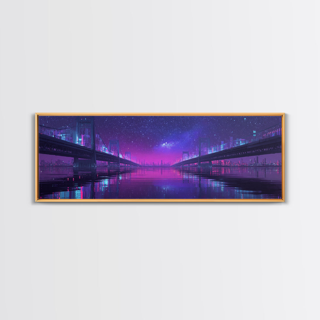 Neon Twin Bridges Over City Water, Cyberpunk Wall Art, Futuristic Canvas Print, Sci Fi Urban Decor, Gaming Room Art, Office Decor