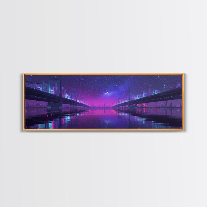 Neon Twin Bridges Over City Water, Cyberpunk Wall Art, Futuristic Canvas Print, Sci Fi Urban Decor, Gaming Room Art, Office Decor