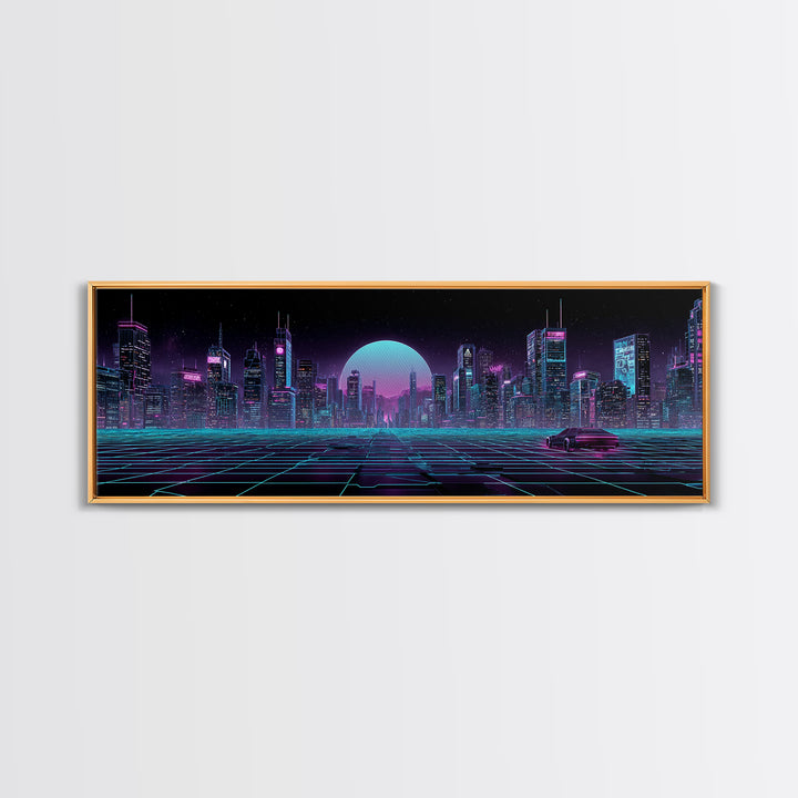 Futuristic Neon Skyline And Grid Highway, Cyberpunk Wall Art, Synthwave Canvas Print, Gaming Room Decor, Office Wall Decor