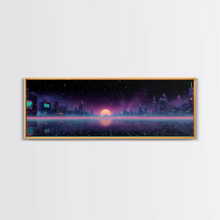 Futuristic Neon City Skyline Wall Art, Cyberpunk Grid Landscape, Sci Fi Poster, Vaporwave Decor, Gaming Room Canvas Print