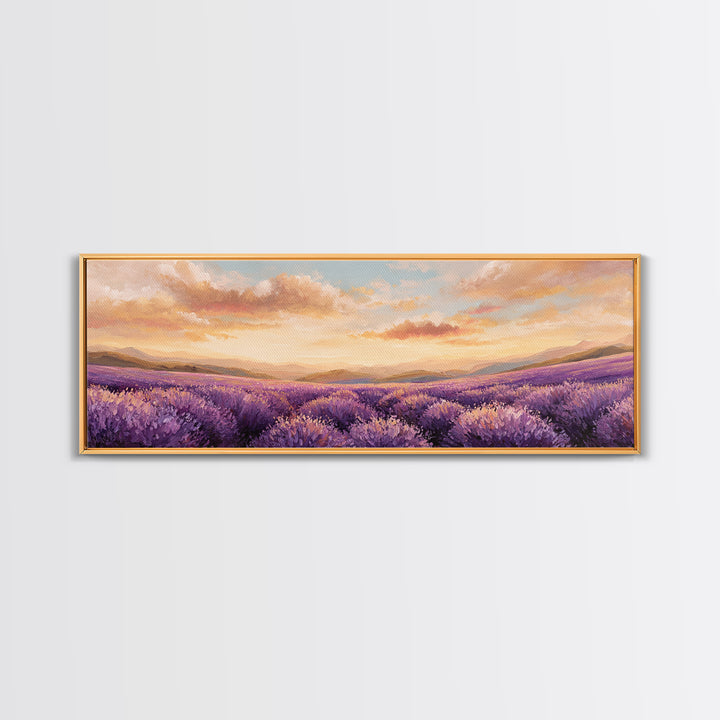 Sunset Lavender Field Landscape Wall Art, Panoramic Canvas Print, French Country Decor, Large Above Sofa Wall Decor, Provence Print