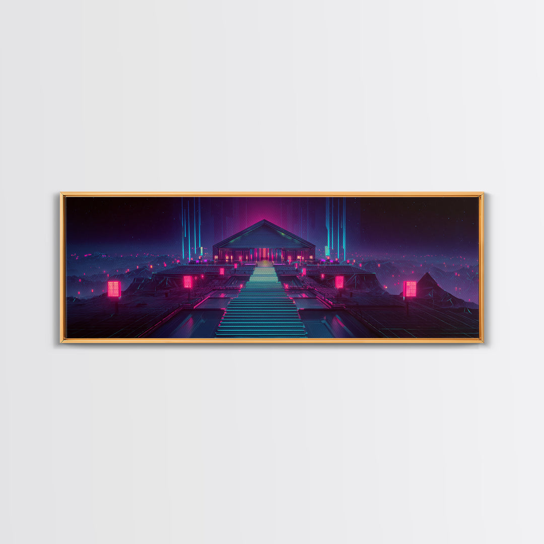 Neon Cyberpunk Temple Stairway Canvas Print, Futuristic Wall Art, Sci Fi Gaming Room Decor, Modern Statement Artwork For Office