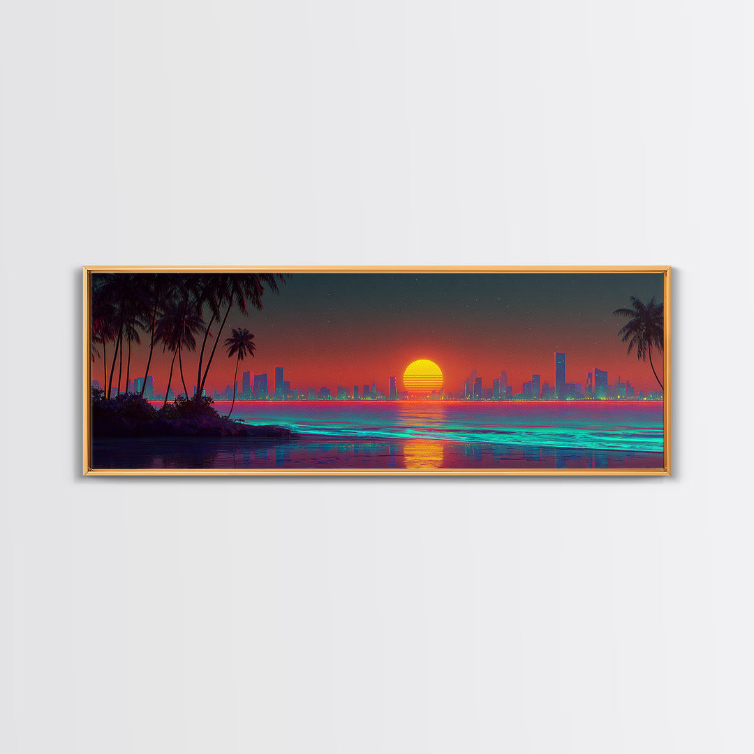 Retro Neon Coastal City Skyline Wall Art, Palm Beach Sunset, Synthwave Ocean Decor, Modern Living Room Canvas Print, Large Horizontal Art