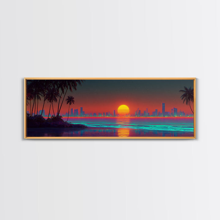Retro Neon Coastal City Skyline Wall Art, Palm Beach Sunset, Synthwave Ocean Decor, Modern Living Room Canvas Print, Large Horizontal Art