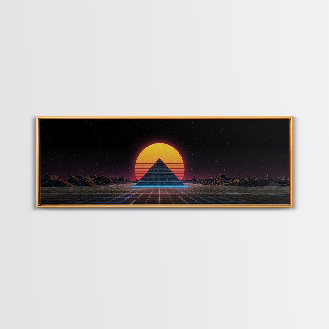 Retro Pyramid Sunset Canvas Print, Synthwave Desert Wall Art, Futuristic Vaporwave Decor, Gaming Room Statement Artwork Poster