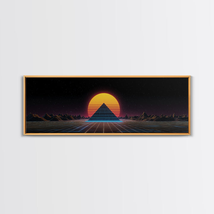 Retro Pyramid Sunset Canvas Print, Synthwave Desert Wall Art, Futuristic Vaporwave Decor, Gaming Room Statement Artwork Poster