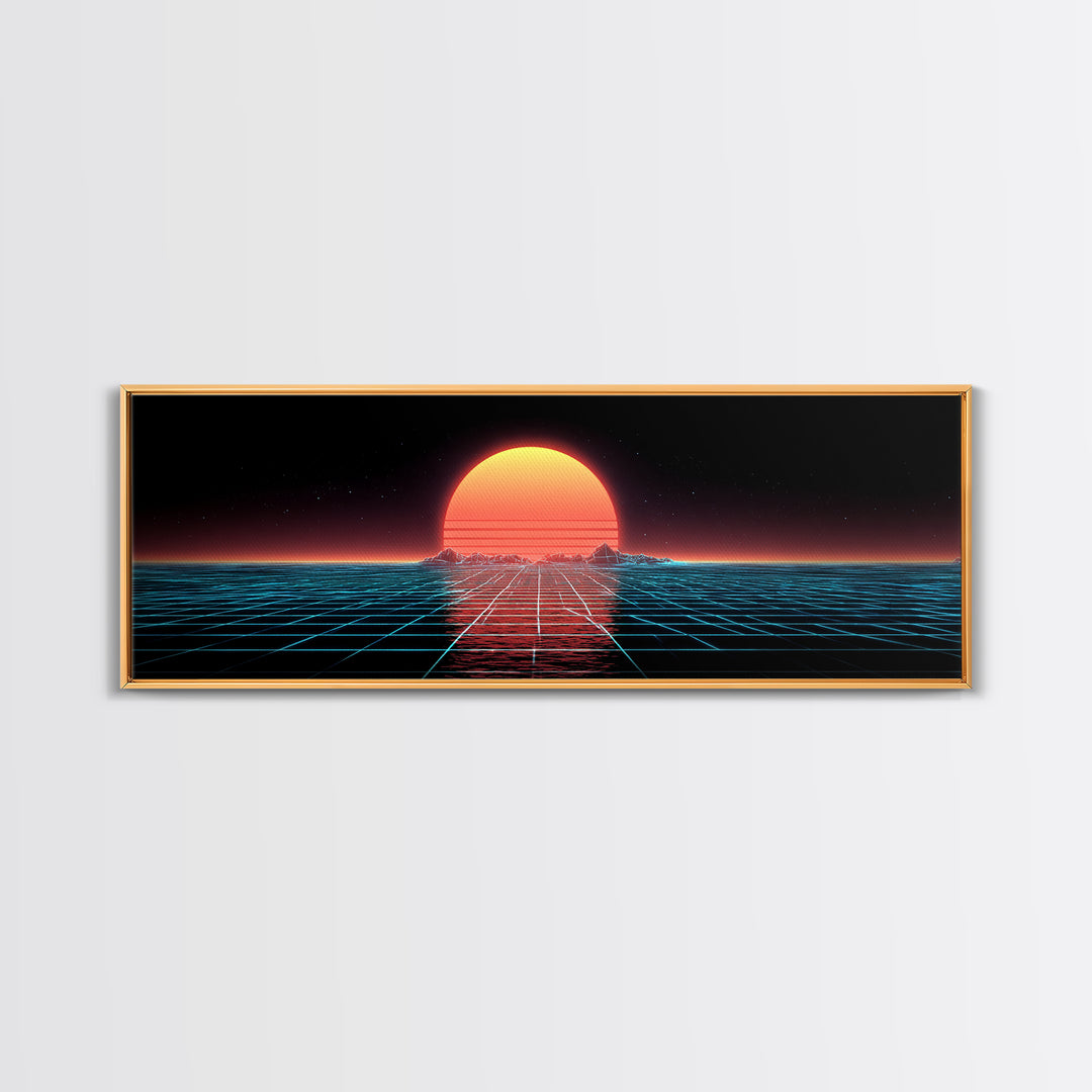 Retro Futuristic Ocean Grid Sunset Wall Art, Synthwave Neon Landscape, Vaporwave Decor, Large Horizontal Art Print, Home Decor