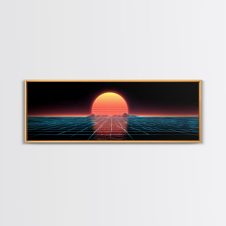 Retro Futuristic Ocean Grid Sunset Wall Art, Synthwave Neon Landscape, Vaporwave Decor, Large Horizontal Art Print, Home Decor