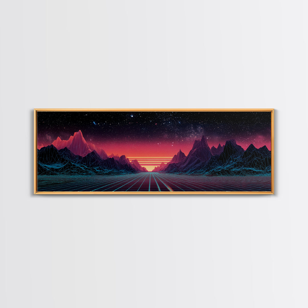 Synthwave Mountain Road Under Starry Sky, Retro Futuristic Wall Art, Landscape Canvas Print, Man Cave Decor, Large Wall Art