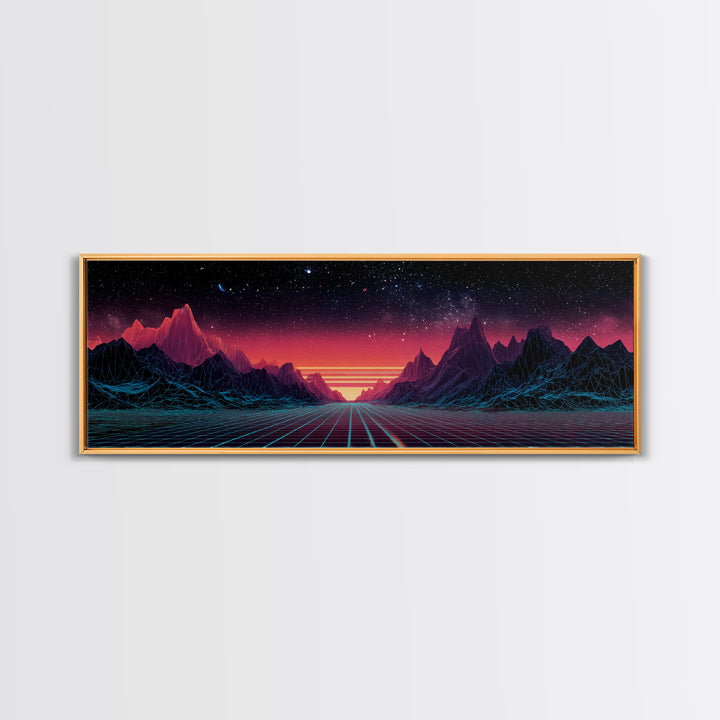 Synthwave Mountain Road Under Starry Sky, Retro Futuristic Wall Art, Landscape Canvas Print, Man Cave Decor, Large Wall Art