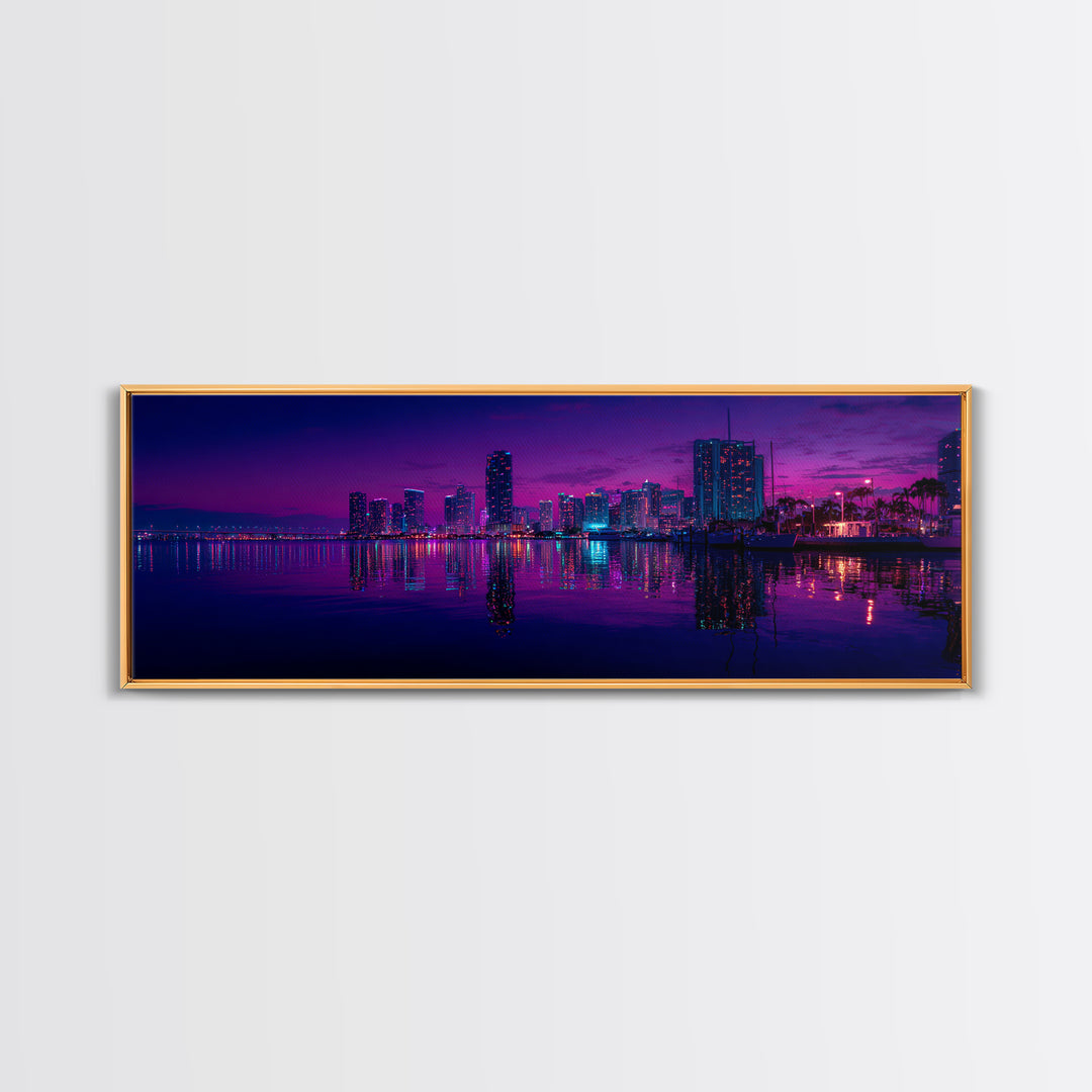 Neon Waterfront City Skyline Wall Art, Miami Night Canvas Print, Urban Photography Decor, Modern Office Living Room Poster