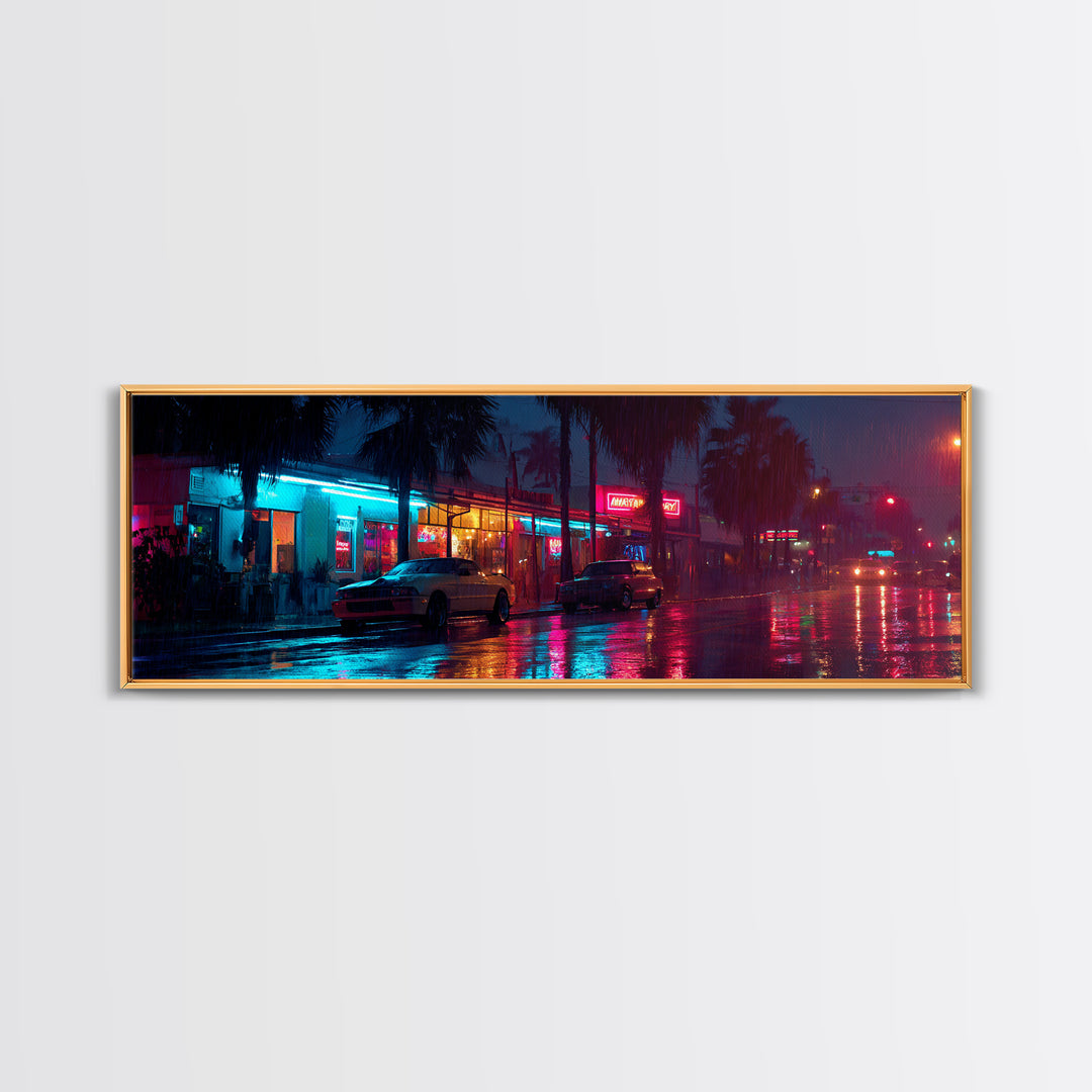 Rainy Neon City Street Wall Art, Cyberpunk Urban Night Canvas Print, Retro Motel Lights, Modern Office Decor, Moody Wall Decor