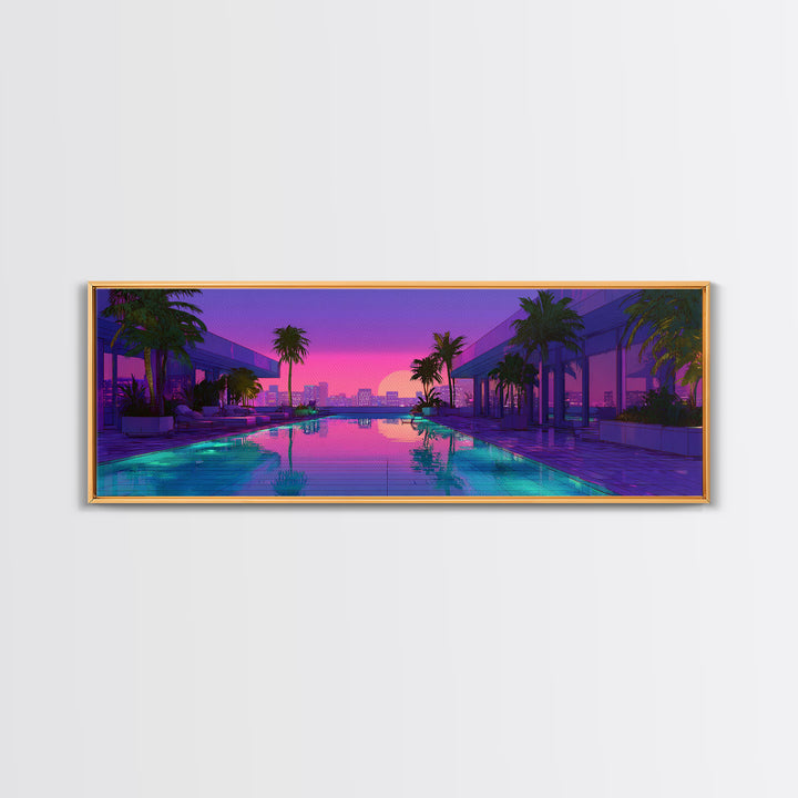 Neon Poolside City Sunset Framed Canvas Print, Miami Palm Skyline Wall Decor, Cyberpunk Art, Modern Living Room Decor, Large Wall Art