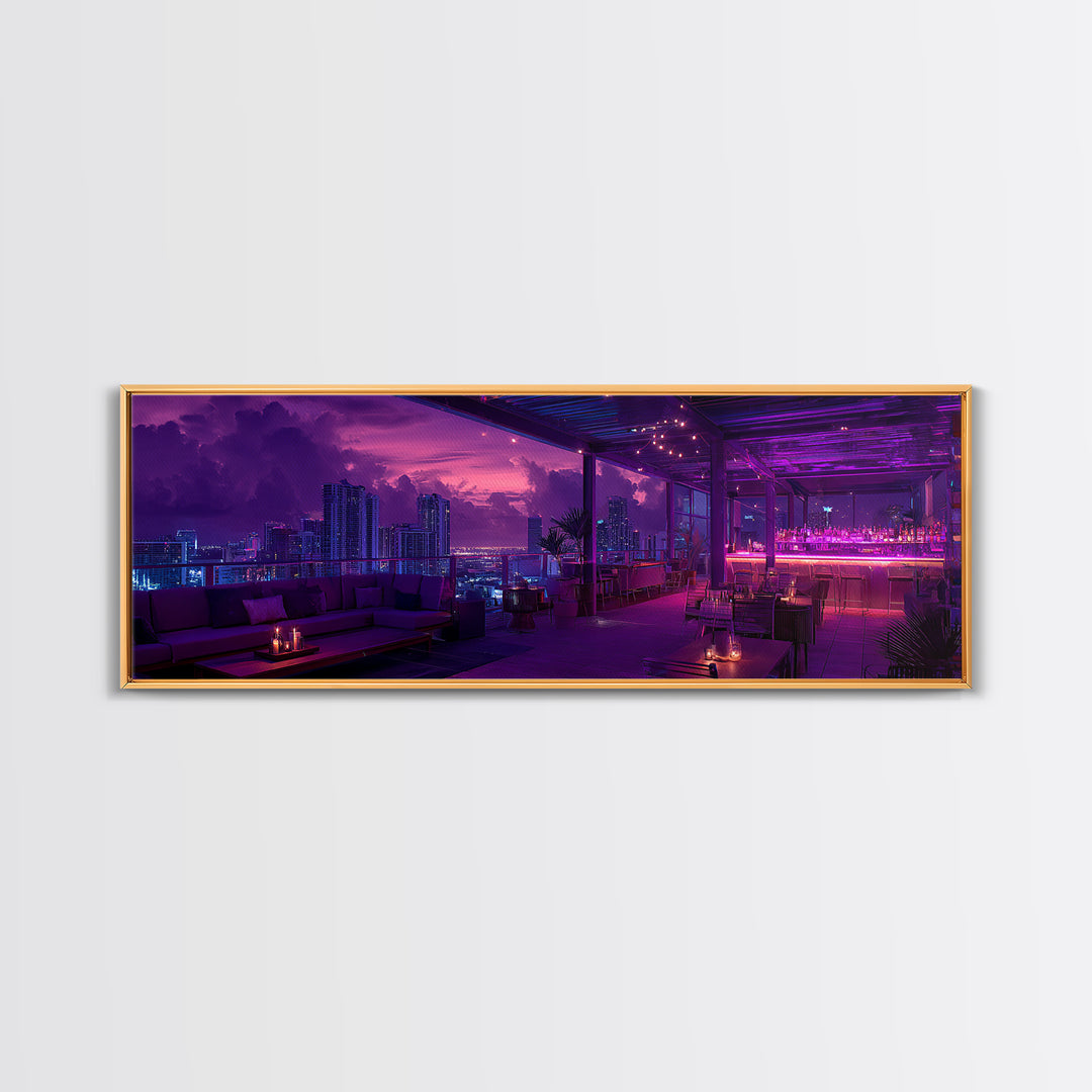 Neon Rooftop Lounge Skyline At Dusk Wall Art, Cyberpunk Cityscape, Futuristic Bar Decor, Panoramic Living Room Print Home Decor