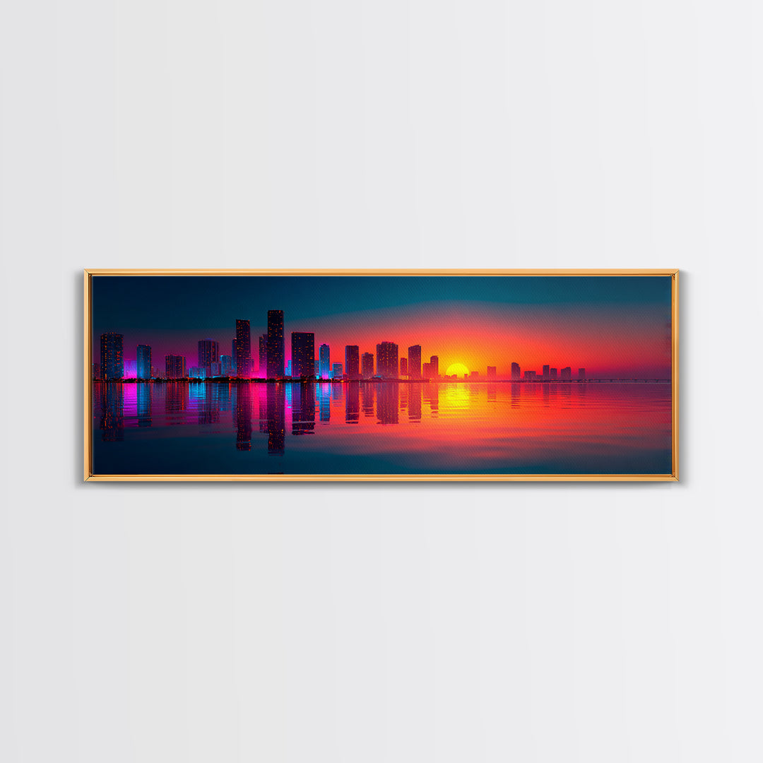 Neon City Skyline Sunset Wall Art, Modern Urban Landscape With Water Reflections, Colorful Office Decor, Large Canvas Print