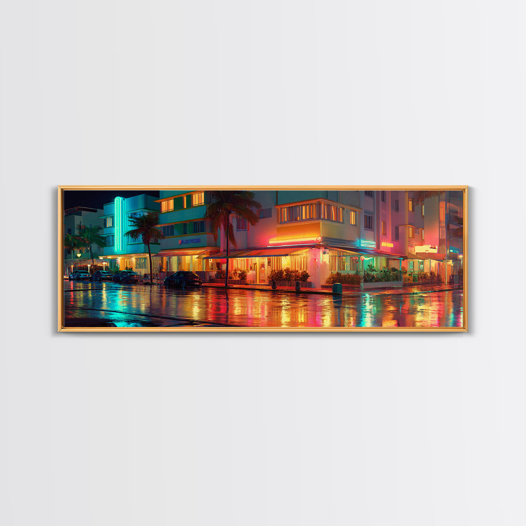 Neon Rainy Art Deco Hotel Street Wall Art, Miami Urban Night Cityscape, Retro Travel Poster, Framed Canvas Print, Office Decor