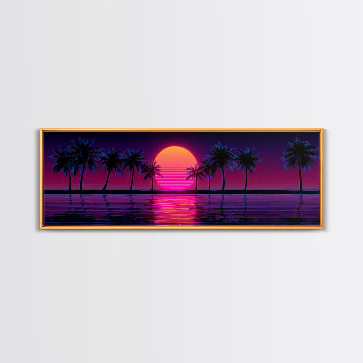 Neon Palm Tree Sunset Canvas Print, Tropical Beach Wall Art, Retro Coastal Decor, Pink Purple Living Room Art, Home Decor