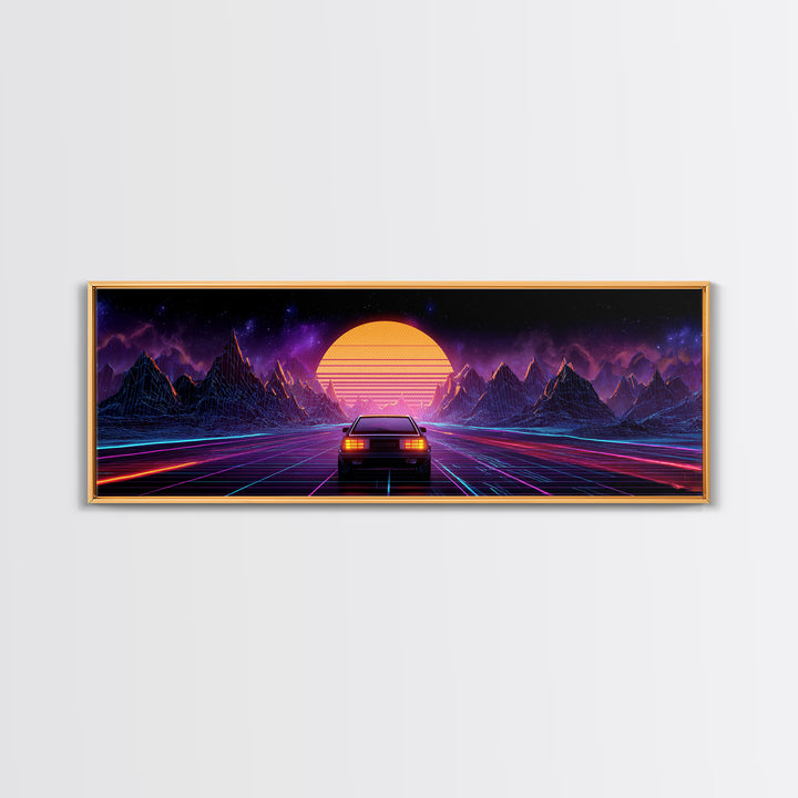 Neon Synthwave Car Wall Art, Retro Futuristic Mountains, Cyberpunk Sunset Decor, Gaming Room Poster, Panoramic Canvas Print