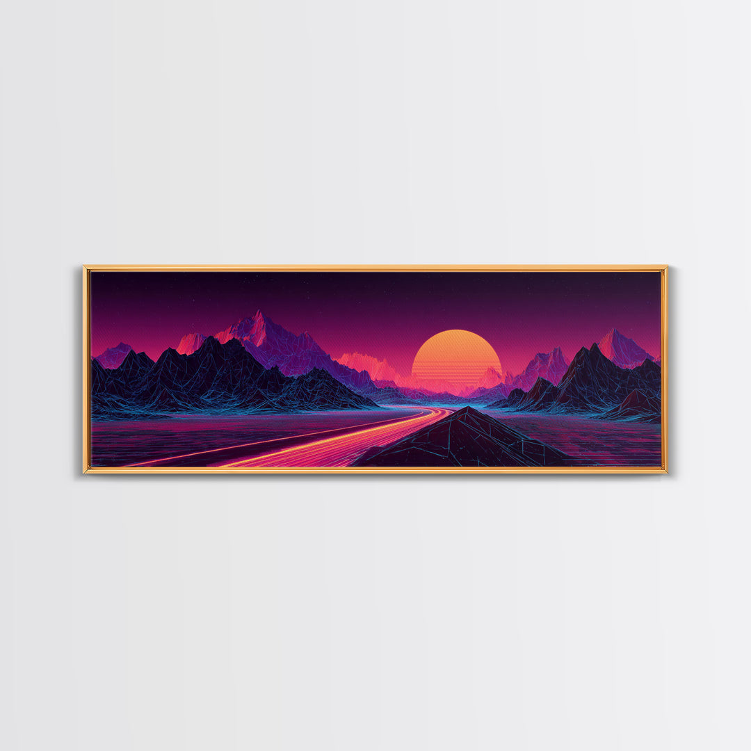 Neon Highway Through Purple Mountains Framed Canvas Print, Synthwave Wall Art, Retro Futuristic Decor, Gaming Room Poster