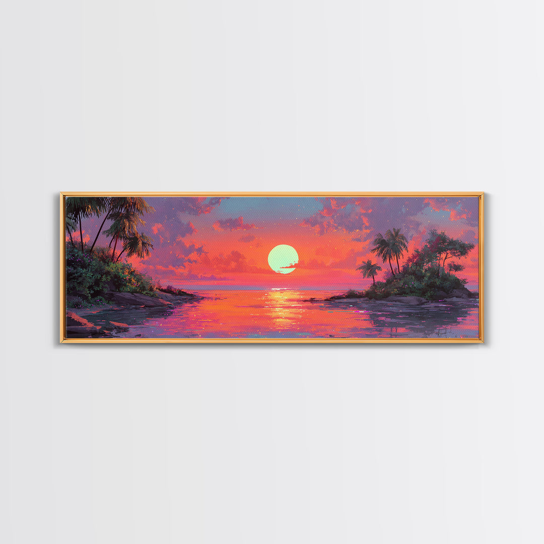 Tropical Island Sunset Cove Wall Art, Extra Wide Canvas Print, Coastal Beach House Decor, Vibrant Ocean Living Room Wall Decor