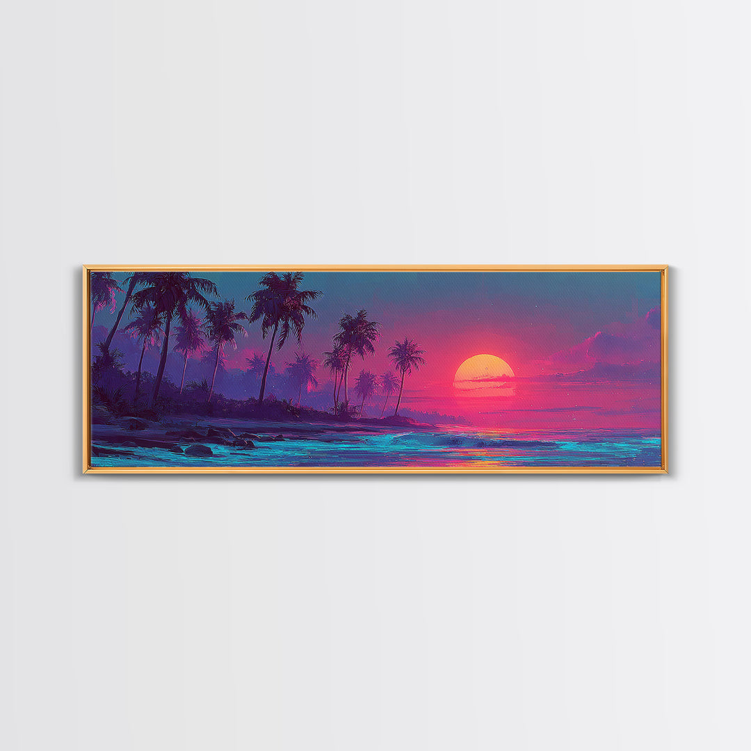 Pink Tropical Palm Island Sunset Wall Art, Neon Ocean Waves, Coastal Beach House Decor, Large Horizontal Canvas Print Poster