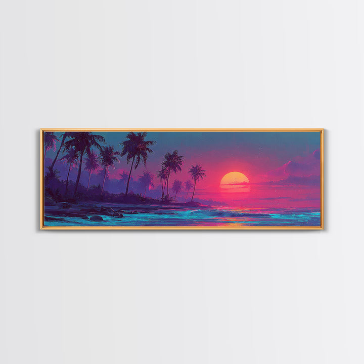 Pink Tropical Palm Island Sunset Wall Art, Neon Ocean Waves, Coastal Beach House Decor, Large Horizontal Canvas Print Poster