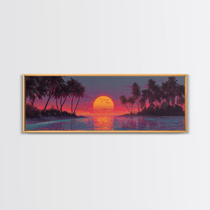 Starry Tropical Island Sunset Over Lagoon Framed Canvas Print, Coastal Wall Art, Beach House Decor, Vibrant Ocean Poster