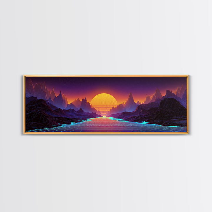 Neon Fantasy Mountain Valley Wall Art, Synthwave Landscape Canvas Print, Futuristic Decor, Gaming Room, Large Poster, Home Decor