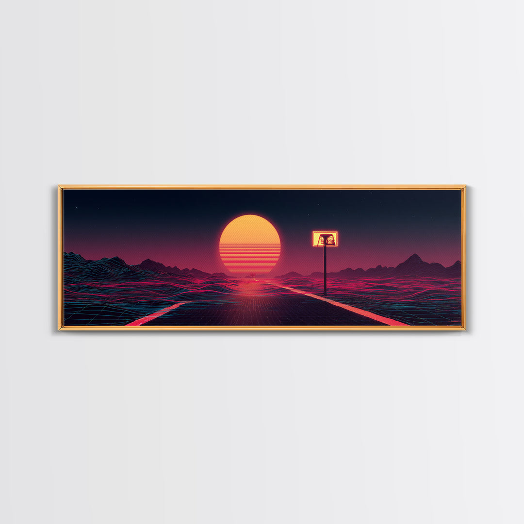 Lonely Neon Desert Highway With Retro Sun Canvas Print, Vaporwave Wall Art, Futuristic Decor, Gamer Room Poster Gift For Him
