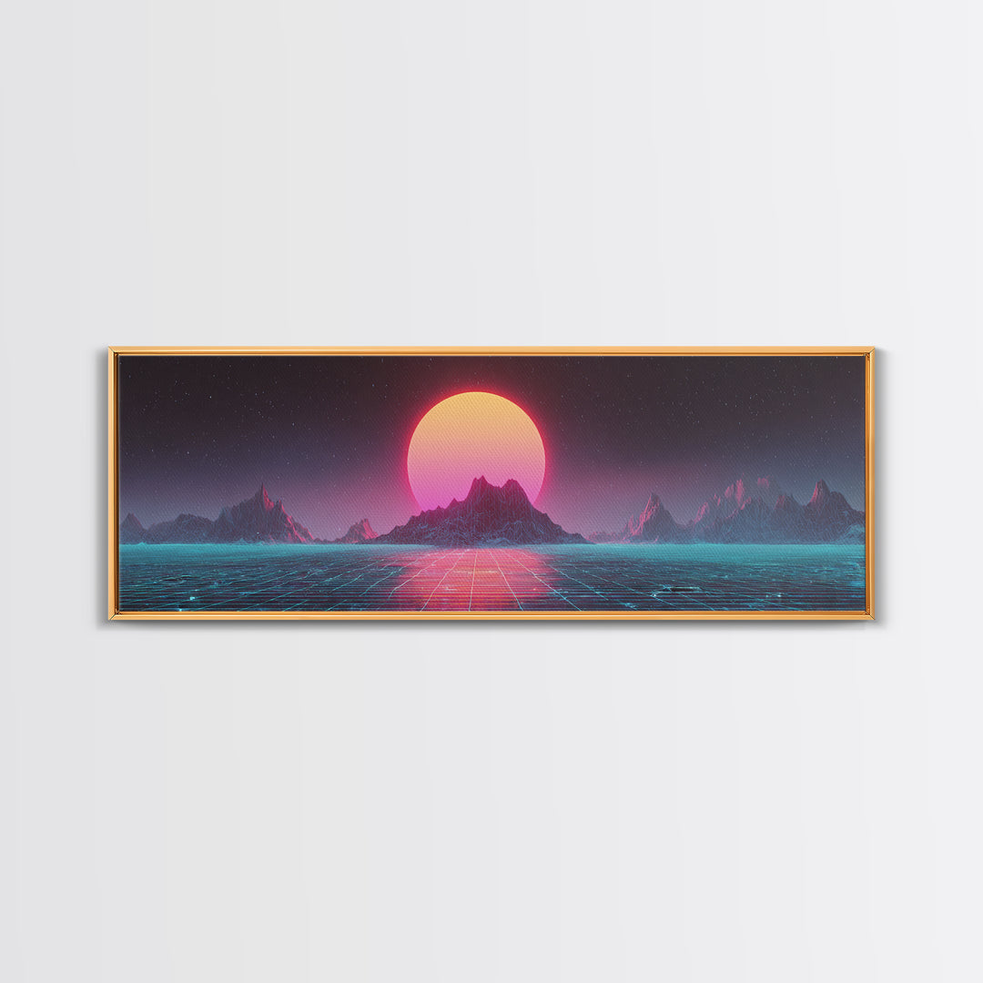 Alien Mountain Grid Sunset Wall Art, Retro Futuristic Synthwave Landscape, Vaporwave Home Decor, Large Horizontal Art Print
