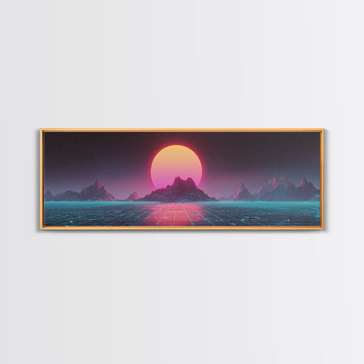 Alien Mountain Grid Sunset Wall Art, Retro Futuristic Synthwave Landscape, Vaporwave Home Decor, Large Horizontal Art Print