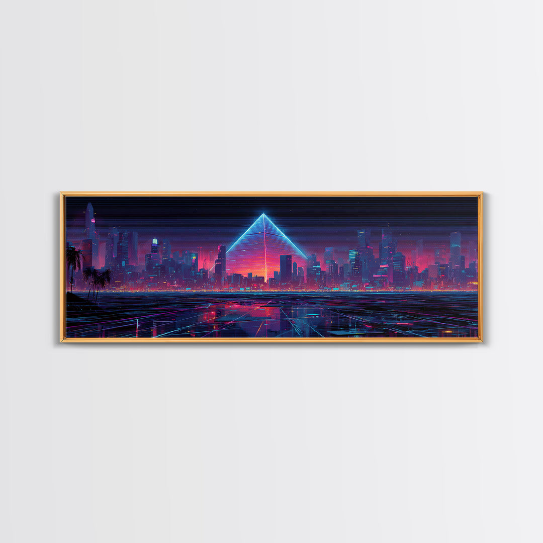 Cyberpunk Neon City With Glowing Pyramid, Futuristic Wall Art, Synthwave Canvas Print, Gaming Room Decor, Modern Office Art
