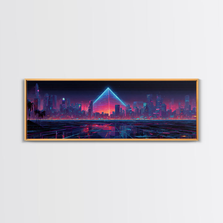 Cyberpunk Neon City With Glowing Pyramid, Futuristic Wall Art, Synthwave Canvas Print, Gaming Room Decor, Modern Office Art