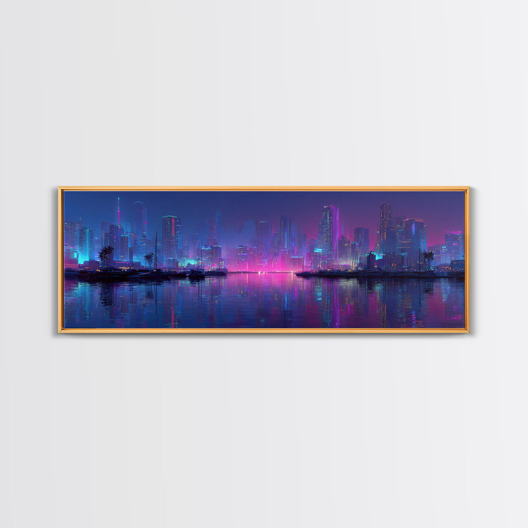 Neon Cyberpunk Skyline Canvas Print, Futuristic Cityscape Wall Art, Vaporwave Office Decor, Large Modern Urban Night Art