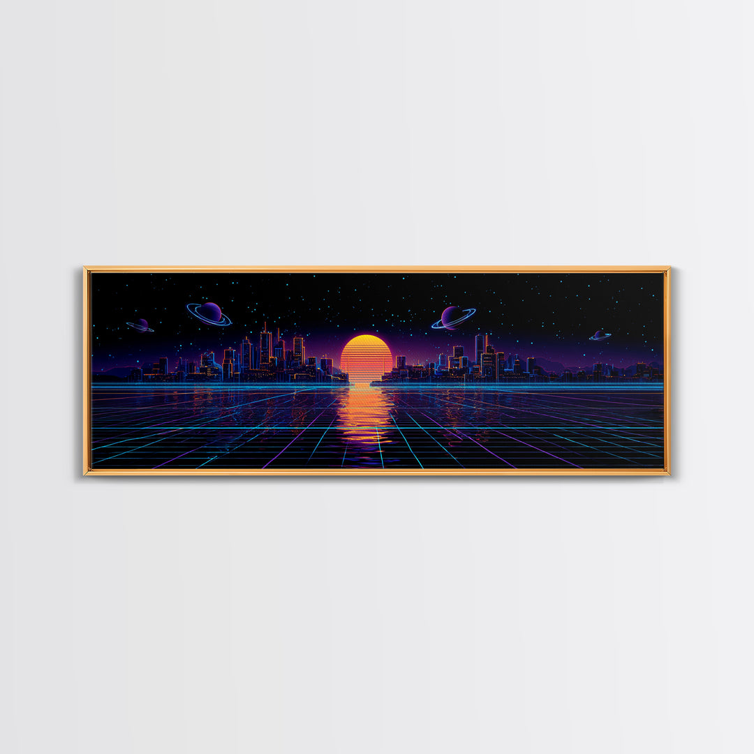 Synthwave City Skyline Over Neon Grid Canvas Print, Retro Futuristic Wall Art, Cyberpunk Decor, Vaporwave Poster Gift For Him