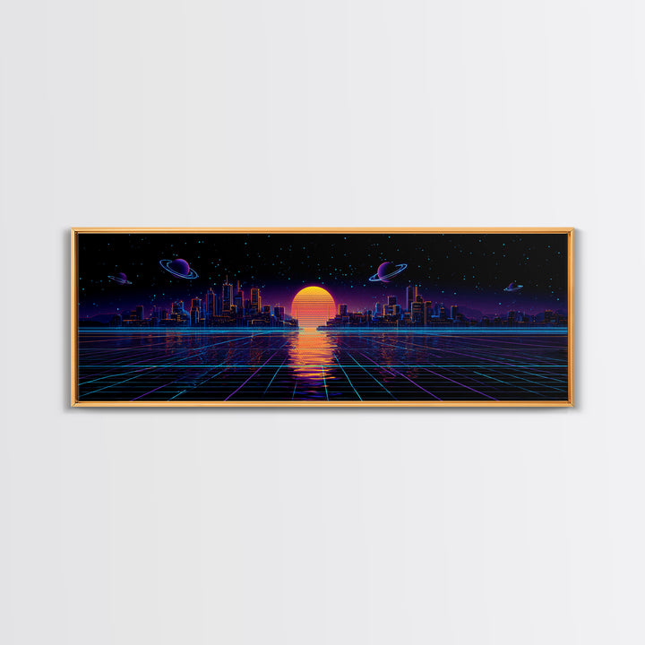 Synthwave City Skyline Over Neon Grid Canvas Print, Retro Futuristic Wall Art, Cyberpunk Decor, Vaporwave Poster Gift For Him