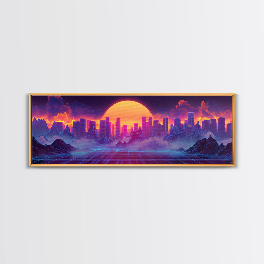 Synthwave City Sunset Skyline Canvas Print, Retro Futuristic Wall Art, Neon Mountain Decor, Vaporwave Living Room Art, Home Decor