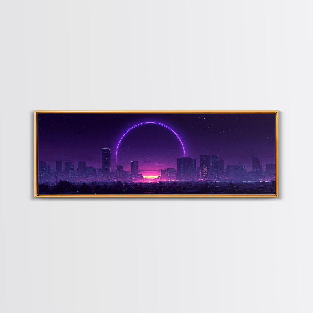Neon City Skyline With Purple Eclipse Canvas Print, Cyberpunk Wall Art, Futuristic Urban Decor, Gaming Room Statement Art
