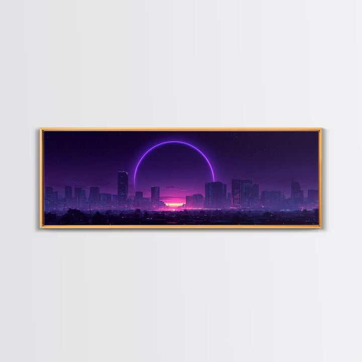 Neon City Skyline With Purple Eclipse Canvas Print, Cyberpunk Wall Art, Futuristic Urban Decor, Gaming Room Statement Art