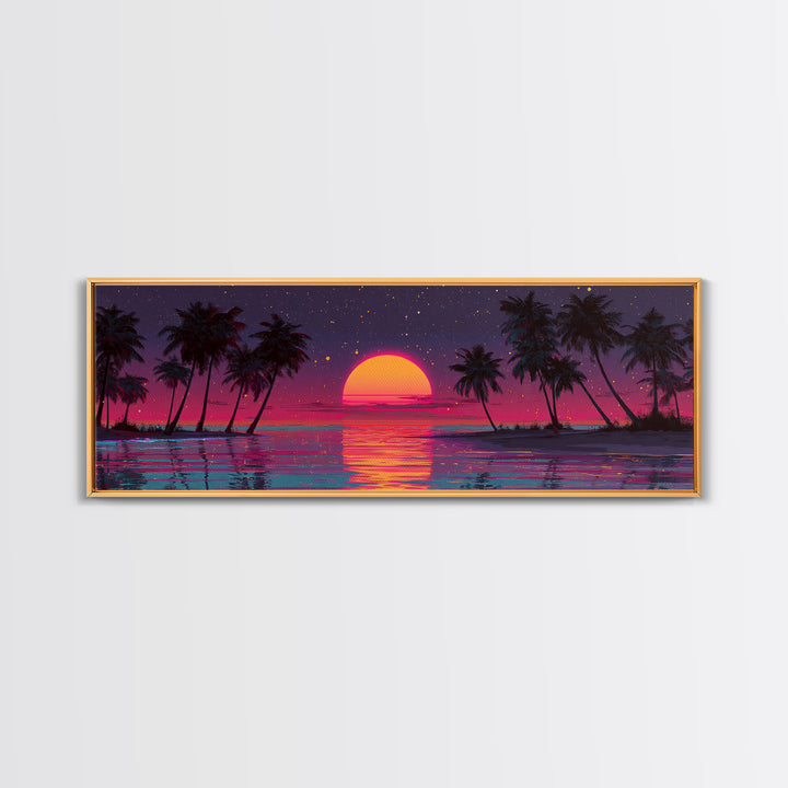 Retro Tropical Sunset Over Palm Island Wall Art, Neon Ocean Landscape, Coastal Decor, Beach House, Large Horizontal Print