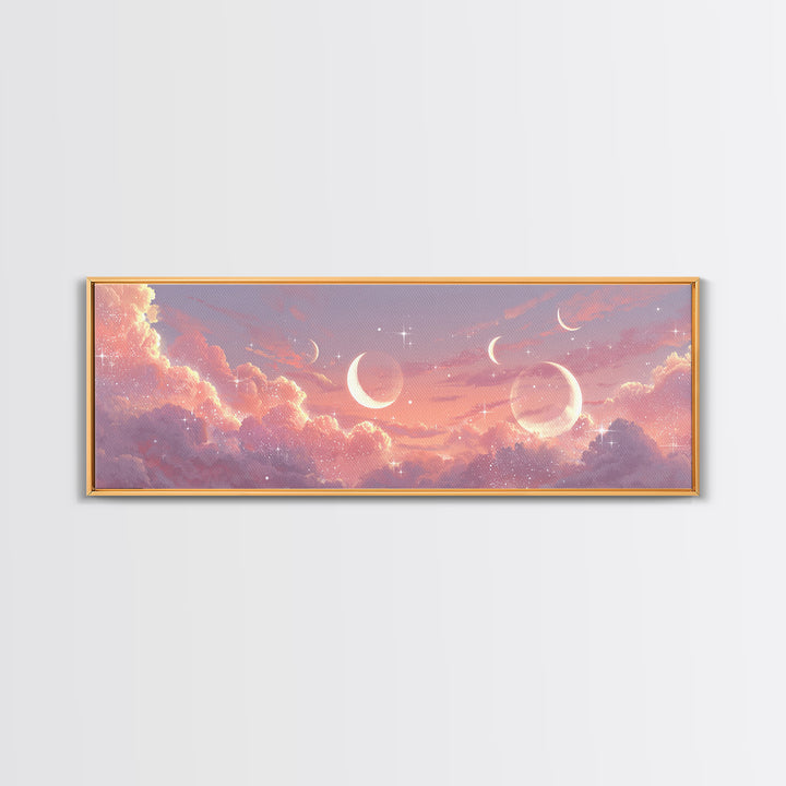 Pink Celestial Cloudscape With Crescent Moons Canvas Print, Dreamy Wall Art, Starry Nursery Decor, Romantic Bedroom Art Print