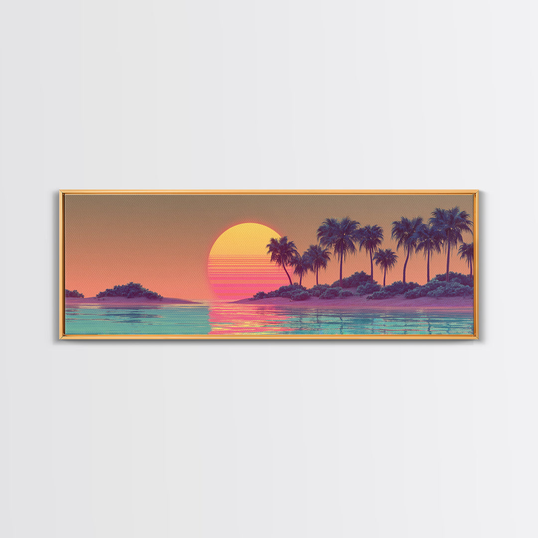 Tropical Palm Island Sunset Canvas Print, Retro Coastal Wall Art, Beach House Decor, Vaporwave Summer Landscape Art Print