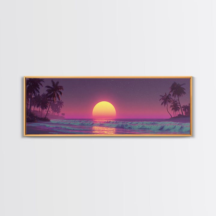 Dreamy Tropical Moonrise Over Ocean Canvas Print, Vaporwave Beach Wall Art, Palm Tree Decor, Coastal Bedroom, Sunset Print