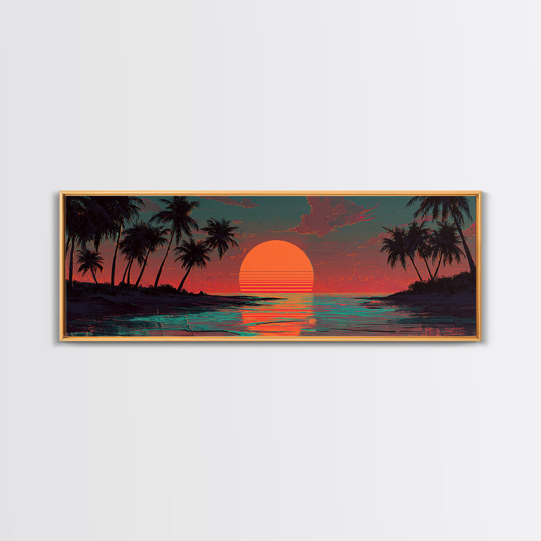 Tropical Palm Island Sunset Wall Art, Retro Beach Canvas Print, Coastal Decor, Ocean Poster, Summer Housewarming Gift, Tropical Home Decor