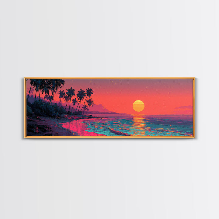 Neon Tropical Beach Sunset With Palms Wall Art, Coastal Decor, Pink Ocean Landscape, Retro Panoramic Summer Canvas Print