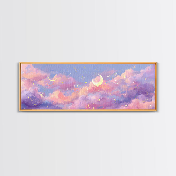 Pastel Crescent Moon Clouds Wall Art, Magical Celestial Nursery Decor, Whimsical Kids Room Print, Dreamy Bedroom Canvas Art
