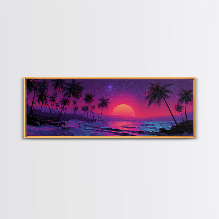 Neon Tropical Palm Beach Canvas Print, Retro Sunset Wall Art, Coastal Decor, Vaporwave Ocean Art Print, Summer Bedroom Art
