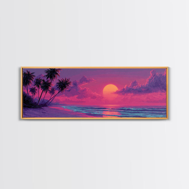 Pink Tropical Beach Sunset Wall Art, Ocean Palm Tree Canvas Print, Coastal Landscape Decor For Bedroom Living Room Wall Decor